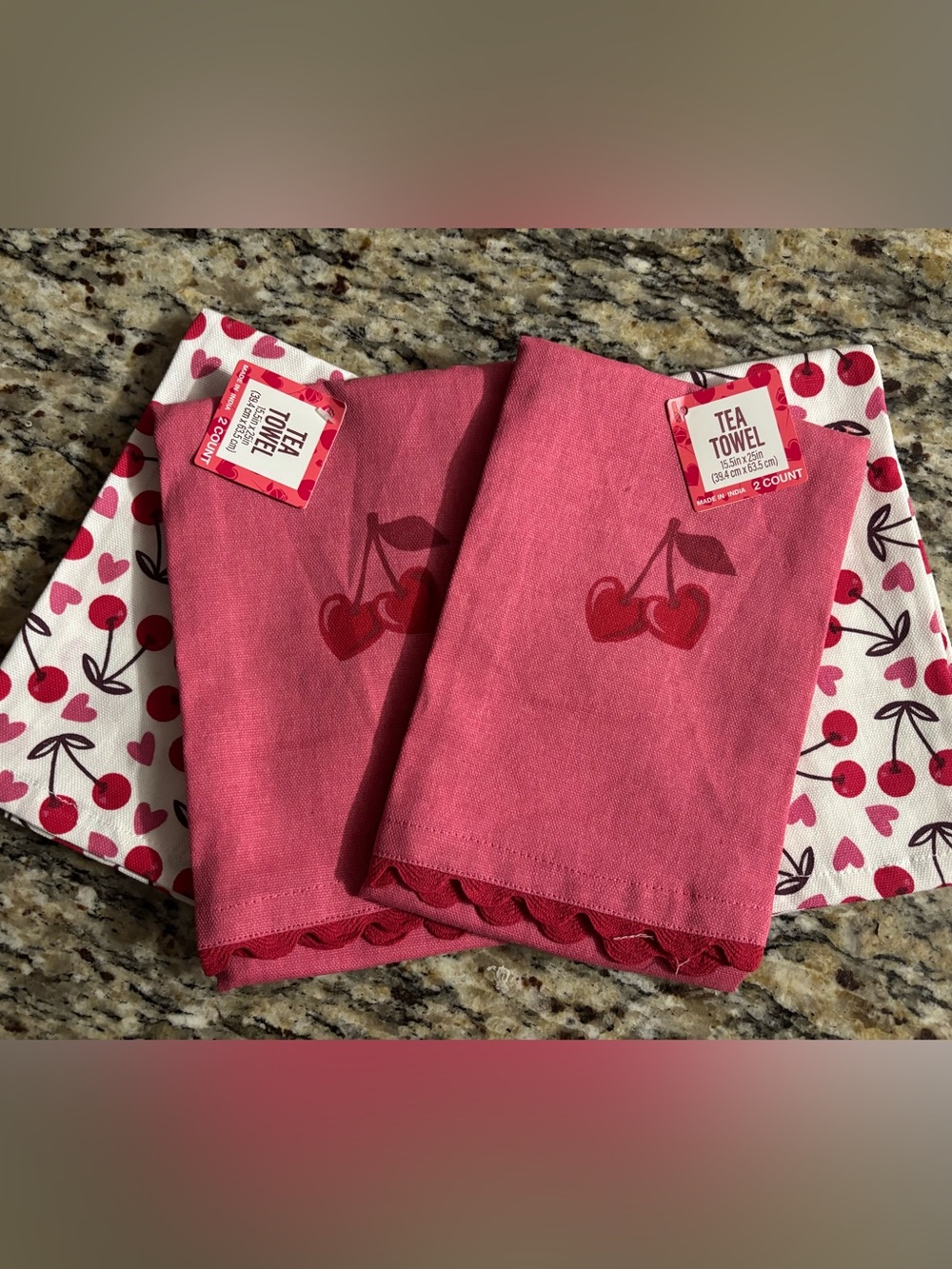 2 Pack Cherry Print Tea Towels (Total of 4 Towels)